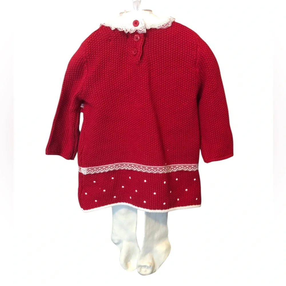 Tahari Baby NWT 3-Piece Holiday Red Knit Baby Dress, Hat and Cream Tights